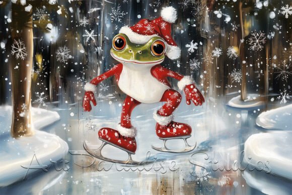 Frog in Festive Red Skating Design: A Holiday Asset