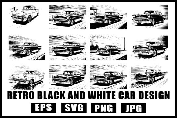 Timeless Speed: The Retro Black & White Car SVG Pack