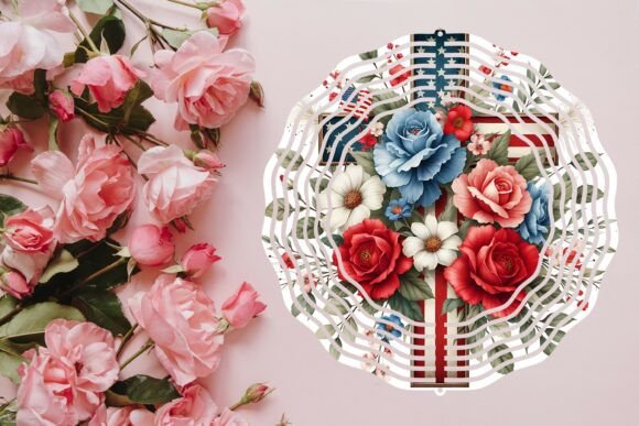 USA Flag with Floral Cross Wind Spinner Design